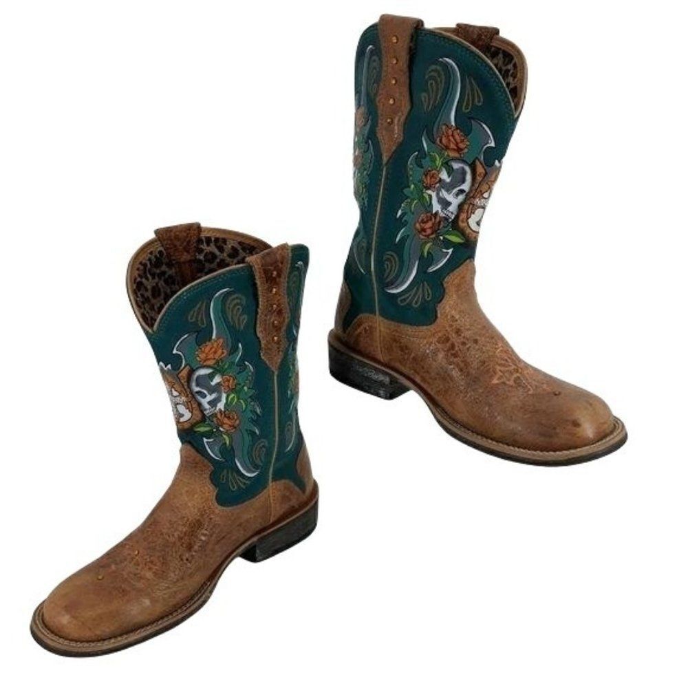 Ariat Rodeo Day Of‎ The Dead Skull Rose Cowboy Boots Tan Turquoise Sz 8.5